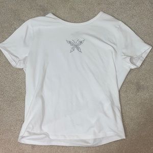 Super cute, white, baby tee, with badazzeled butterfly